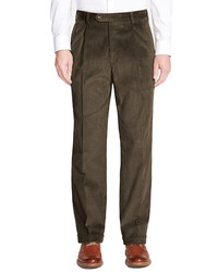Berle Traditional Fit Pleated Corduroy Trousers In Olive At Nordstrom