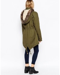 Brave Soul Cotton Twill Parka With Oversized Faux Fur Trimmed Hood