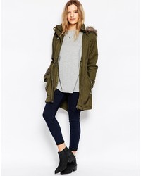 Brave Soul Cotton Twill Parka With Oversized Faux Fur Trimmed Hood