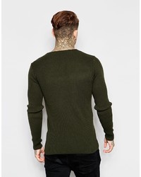 Asos Brand Muscle Fit Ribbed Sweater In Khaki