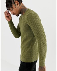 ASOS DESIGN Muscle Fit Waffle Textured Jumper In Khaki