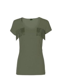 BODYFLIRT Fringe Detail T Shirt In Olive Size 1416