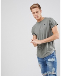 Hollister Curved Hem Crew Neck T Shirt Seagull Logo In Olive