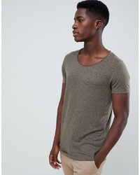 ASOS DESIGN Longline T Shirt With Raw Scoop Neck And Curve Hem In Linen Mix In Khaki