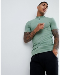 ASOS DESIGN Muscle Fit T Shirt With Zip Turtle Neck In Green Bay