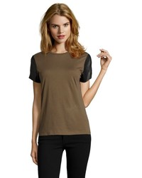 Vince Olive Jersey Knit Cotton And Black Lambskin Short Sleeve Tee