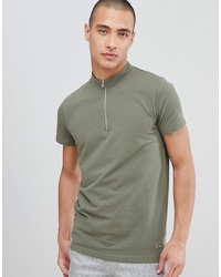 Lindbergh T Shirt In Khaki Pique With Zip Neck