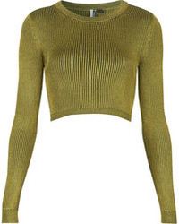 Topshop Olive Ribbed Knitted Crop Top With Long Sleeves 60% Viscose 40% Cotton Machine Washable