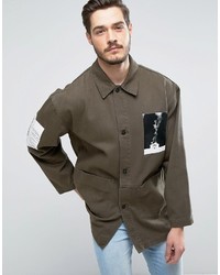 Asos Denim Worker Jacket With Print Detail In Khaki