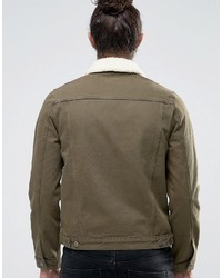 Asos Slim Denim Jacket In Khaki With Fleece Collar