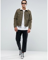Asos Slim Denim Jacket In Khaki With Fleece Collar