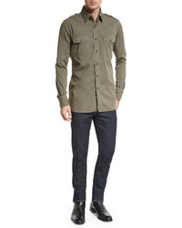 Tom Ford Military Style Washed Twill Sport Shirt Olive