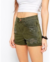 Asos Collection Denim Mom Shorts In Khaki With Rips