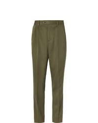 Brunello Cucinelli Army Green Slim Fit Pleated Wool And Cotton Blend Twill Suit Trousers
