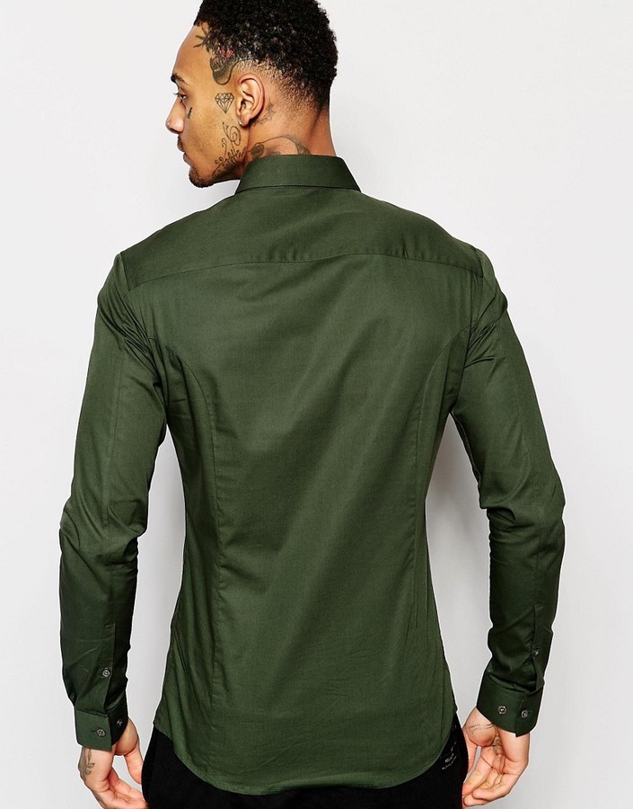 Asos Brand Skinny Shirt In Dark Green With Long Sleeves, $33 | Asos ...