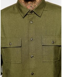 Asos Brand Khaki Military Shirt With Double Pockets In Regular Fit