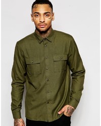Asos Brand Khaki Military Shirt With Double Pockets In Regular Fit