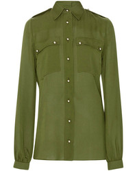 Elie Saab Olive Double Silk Georgette Button Up Blouse Olive