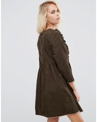 Asos Cord Smock Dress With Ruffle Detail In Forest Green