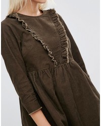 Asos Cord Smock Dress With Ruffle Detail In Forest Green