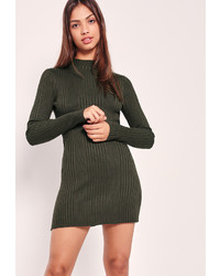 Missguided High Neck Long Sleeve Ribbed Mini Dress Khaki