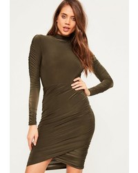 Missguided Khaki Slinky High Neck Ruched Dress