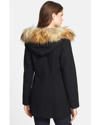 Kristen Blake Faux Fur Trim Hooded Wool Blend Duffle Coat