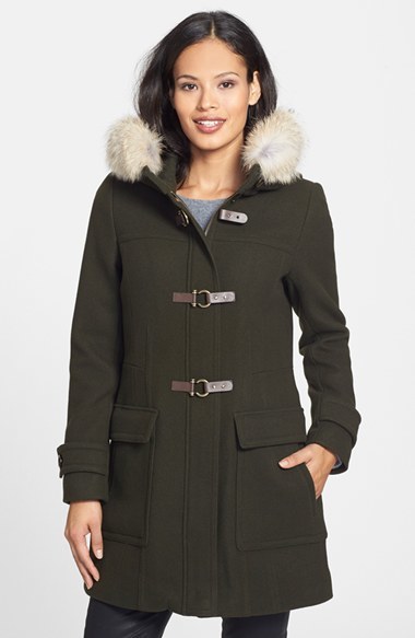 Trina Turk Genuine Coyote Fur Trim Wool Blend Duffle Coat, $525 ...