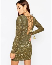 Asos Khaki Embellished And Embroidered Long Sleeved Mini Body Conscious Dress