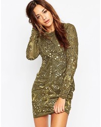 Asos Khaki Embellished And Embroidered Long Sleeved Mini Body Conscious Dress