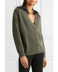 Brunello Cucinelli Feather Trimmed Embellished Ribbed Cashmere Cardigan Army Green