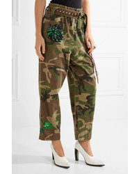 Marc Jacobs Embellished Camouflage Print Cotton Twill Tapered Pants Green
