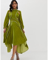 Olive Embellished Velvet Midi Dress