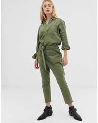 Olive Embroidered Denim Jumpsuit