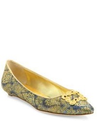 Olive Embroidered Leather Ballerina Shoes