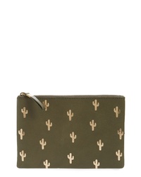 Olive Embroidered Leather Clutch
