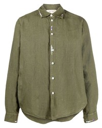 Olive Embroidered Linen Long Sleeve Shirt