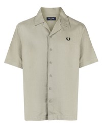 Olive Embroidered Linen Short Sleeve Shirt