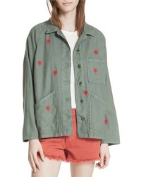 Women's Olive Embroidered Military Jacket, Red Leather Skinny
