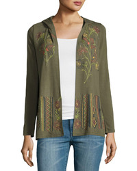 Olive Embroidered Open Cardigan