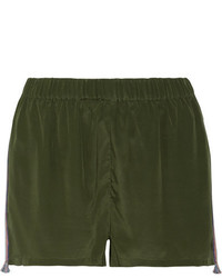 Figue Cassia Embroidered Silk Satin Shorts Dark Green