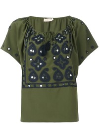 Tory Burch Drawstring Neck Embroidered Blouse