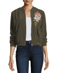 Johnny Was Alice Silk Crepe Embroidered Bomber Jacket