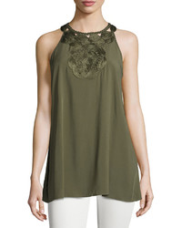 Max Studio Embroidered Neck Sleeveless Top Army