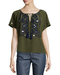 Tory Burch Camille Short Sleeve Embroidered Top Dark Olive Green