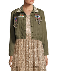 Alice + Olivia Chloe Embroidered Cropped Army Jacket W Pins