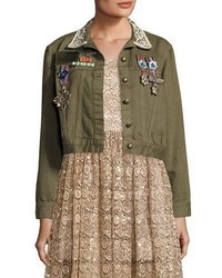 Alice + Olivia Chloe Embroidered Cropped Army Jacket W Pins