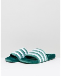 adidas Originals Adilette Velvet Slider Flip Flops In Green By9907