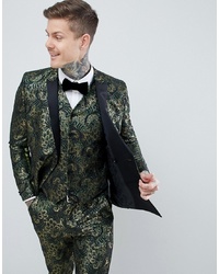 ASOS Edition Skinny Double Breasted Tuxedo Suit Jacket In Green Floral Jacquard