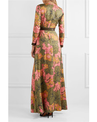 Roksanda Kamanev Leather Trimmed Floral Print Silk Twill Gown Green